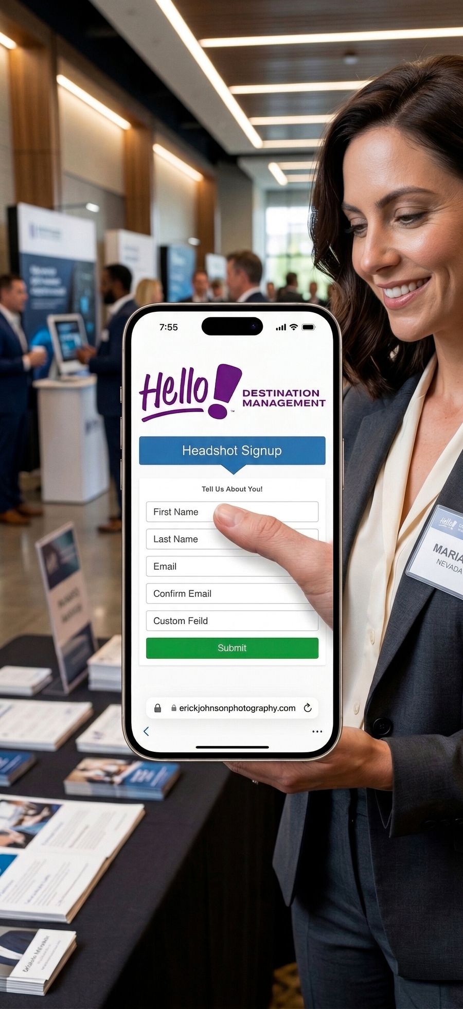 Conference attendee signing up for headshots on her phone — sponsor-branded Headshot Station form