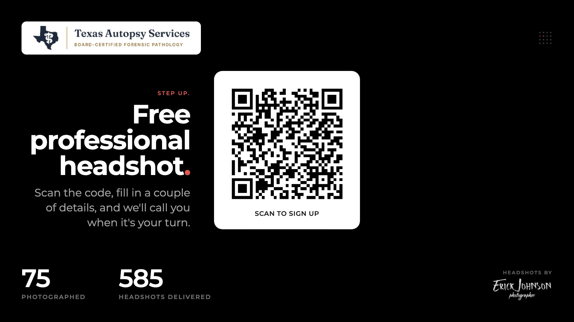 Headshot Station wall display at a live event — sponsor branding, QR sign-up, and live counters